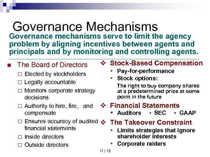 Governance Mechanisms Governance mechanisms serve to limit the agency problem by aligning incentives between