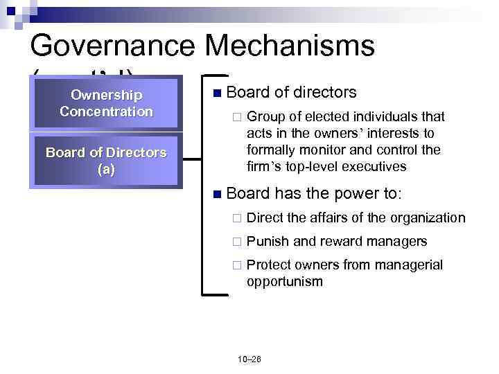 Governance Mechanisms (cont’d) n Board of directors Ownership Concentration ¨ Board of Directors (a)