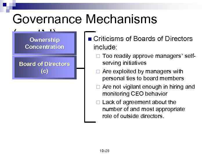 Governance Mechanisms (cont’d) n Criticisms of Boards of Directors Ownership Concentration include: Too readily