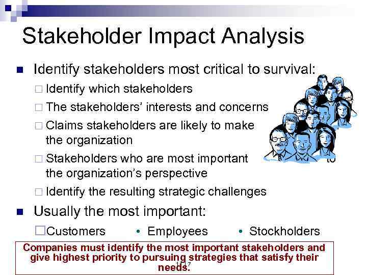 Stakeholder Impact Analysis n Identify stakeholders most critical to survival: ¨ Identify which stakeholders