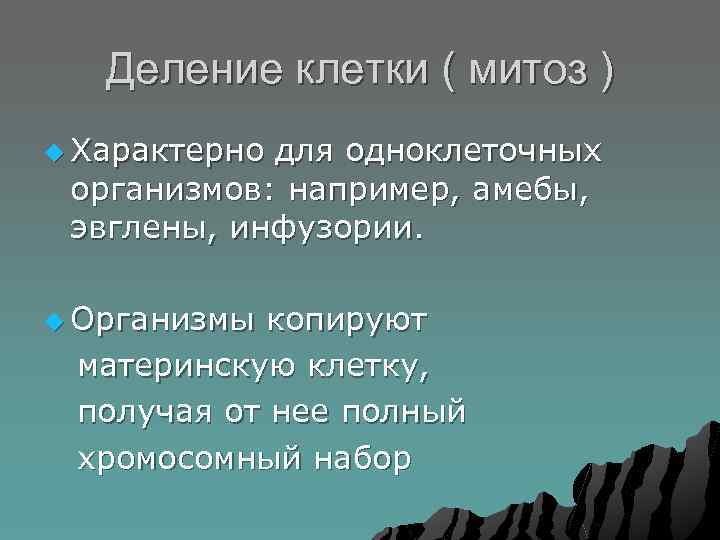 Деление клетки ( митоз ) u Характерно для одноклеточных организмов: например, амебы, эвглены, инфузории.