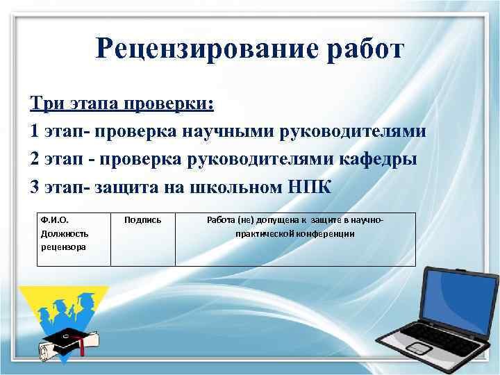 Рецензирование работ Три этапа проверки: 1 этап- проверка научными руководителями 2 этап - проверка