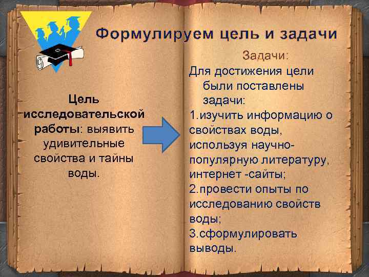 Формулируем цель и задачи Цель исследовательской работы: выявить удивительные свойства и тайны воды. Задачи: