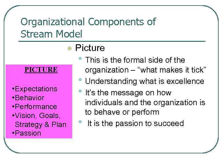 Organizational Components of Stream Model l PICTURE • Expectations • Behavior • Performance •