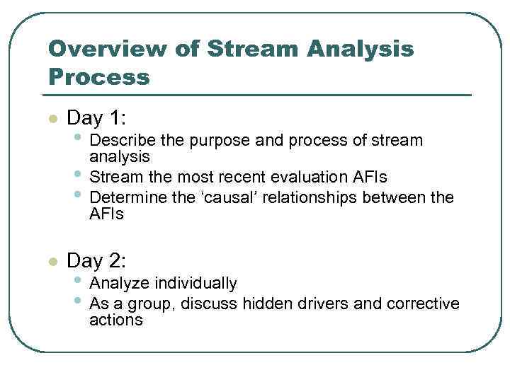 Overview of Stream Analysis Process l Day 1: • Describe the purpose and process