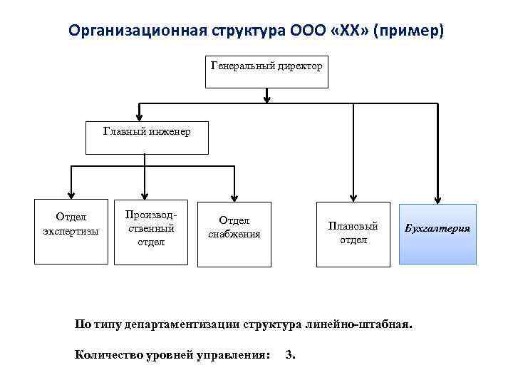 Организационная структура ООО «ХХ» (пример) Генеральный директор Главный инженер Отдел экспертизы Производственный отдел Отдел