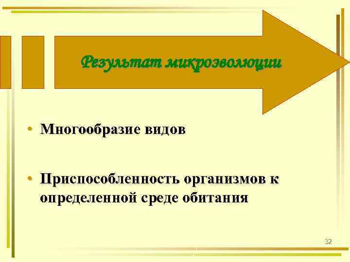 Результат микроэволюции • Многообразие видов • Приспособленность организмов к определенной среде обитания 32 