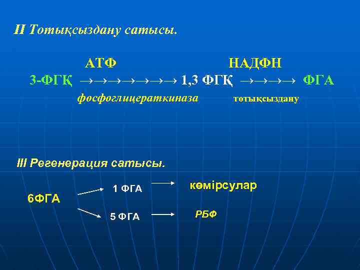 II Тотықсыздану сатысы. АТФ НАДФН 3 -ФГҚ →→→→→→→ 1, 3 ФГҚ →→→→ ФГА фосфоглицераткиназа
