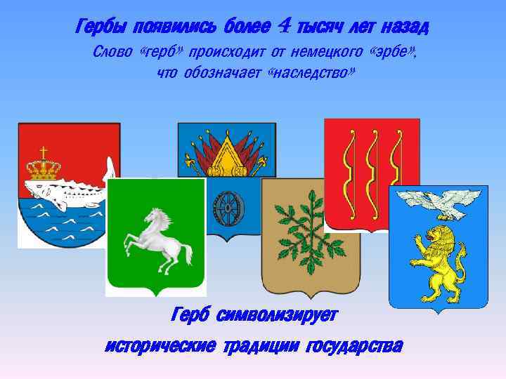 Гербы появились более 4 тысяч лет назад Слово «герб» происходит от немецкого «эрбе» ,