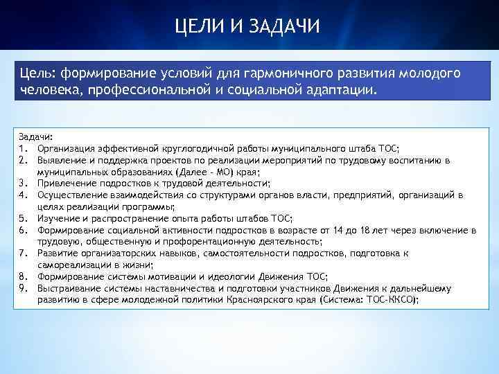 ЦЕЛИ И ЗАДАЧИ Цель: формирование условий для гармоничного развития молодого человека, профессиональной и социальной