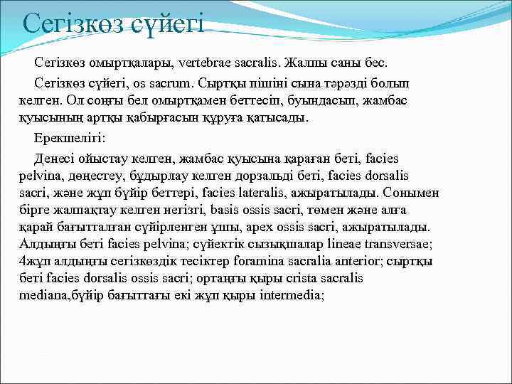 Сегізкөз сүйегі Сегізкөз омыртқалары, vertebrae sacralis. Жалпы саны бес. Сегізкөз сүйегі, os sacrum. Сыртқы