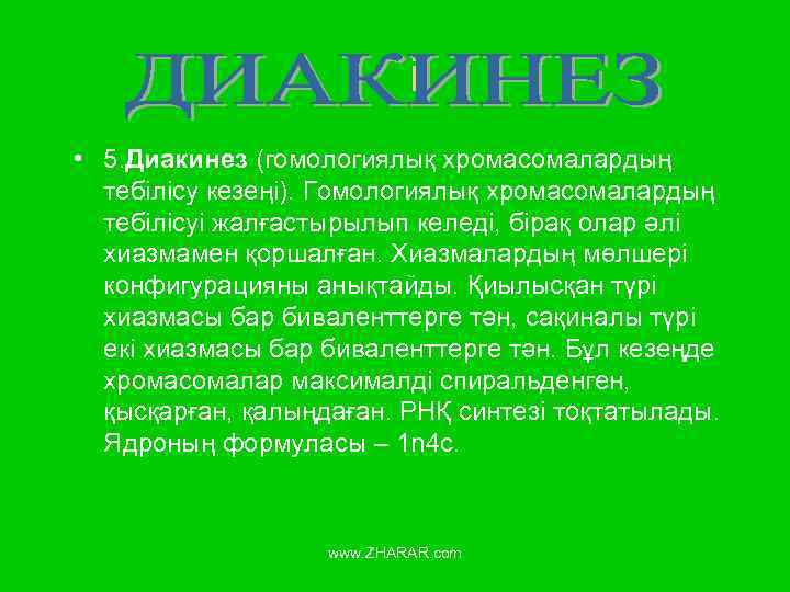 i • 5. Диакинез (гомологиялық хромасомалардың тебілісу кезеңі). Гомологиялық хромасомалардың тебілісуі жалғастырылып келеді, бірақ