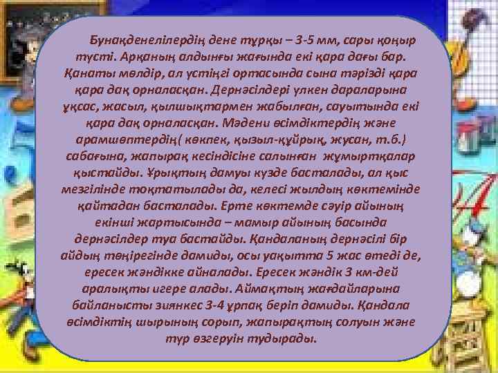 Бунақденелілердің дене тұрқы – 3 -5 мм, сары қоңыр түсті. Арқаның алдынғы жағында екі