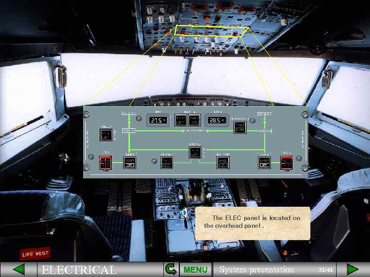 The ELEC panel is located on the overhead panel. ELECTRICAL MENU System presentation 31/41