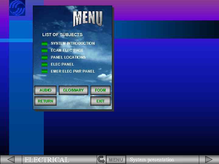 LIST OF SUBJECTS SYSTEM INTRODUCTION ECAM ELEC PAGE PANEL LOCATIONS ELEC PANEL EMER ELEC