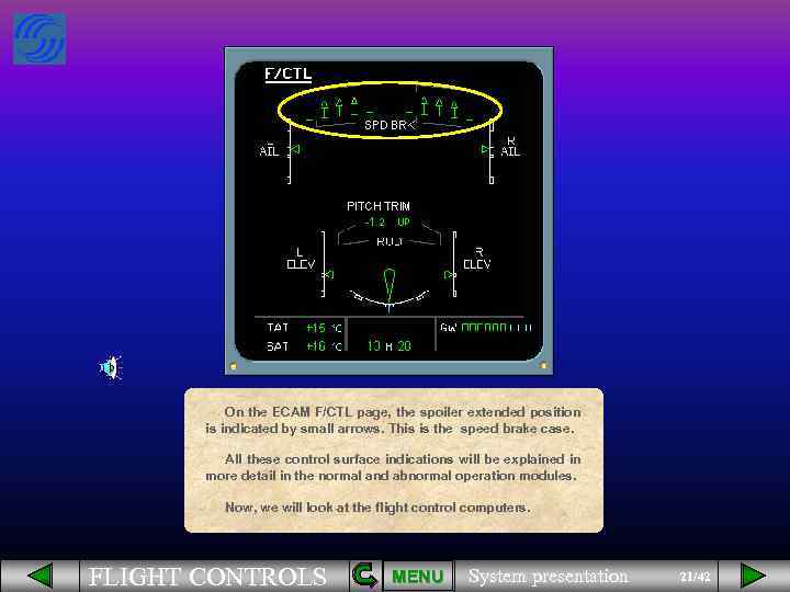 On the ECAM F/CTL page, the spoiler extended position is indicated by small arrows.