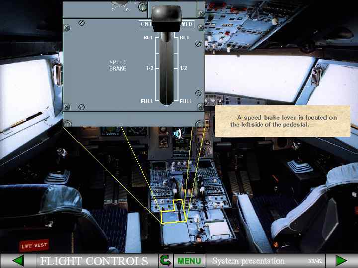 A speed brake lever is located on the left side of the pedestal. FLIGHT