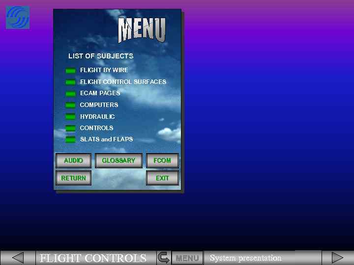 LIST OF SUBJECTS FLIGHT BY WIRE FLIGHT CONTROL SURFACES ECAM PAGES COMPUTERS HYDRAULIC CONTROLS