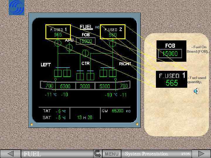 - Fuel On Board (FOB), - Fuel used quantity, FUEL MENU System Presentation 27/35