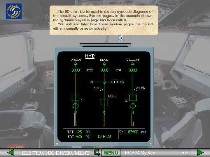 The SD can also be used to display synoptic diagrams of the aircraft systems,