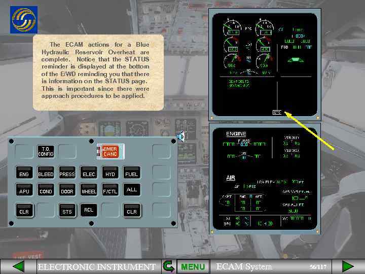 The ECAM actions for a Blue Hydraulic Reservoir Overheat are complete. Notice that the