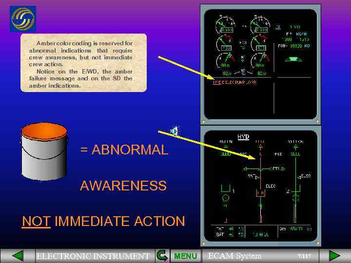 Amber color coding is reserved for abnormal indications that require crew awareness, but not