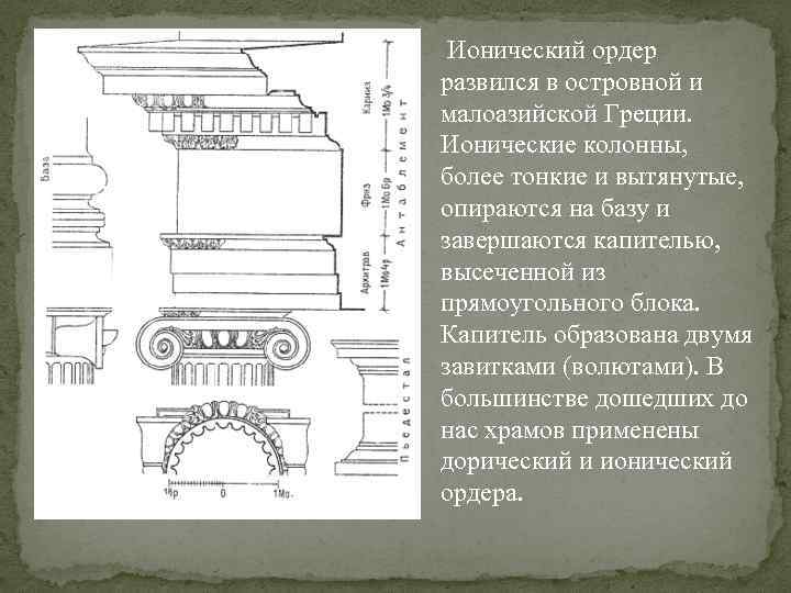  Ионический ордер развился в островной и малоазийской Греции. Ионические колонны, более тонкие и