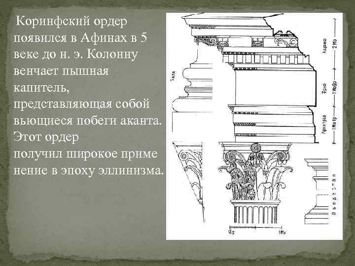  Коринфский ордер появился в Афинах в 5 веке до н. э. Колонну венчает