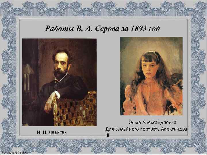 Работы В. А. Серова за 1893 год И. И. Левитан Ольга Александровна Для семейного