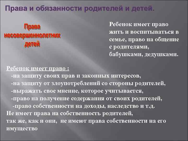 Права и обязанности родителей и детей. Ребенок имеет право жить и воспитываться в семье,