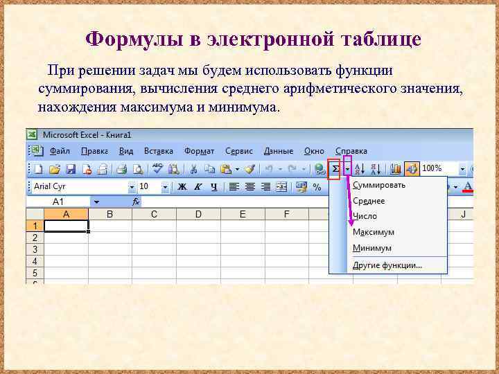 Формулы в электронной таблице При решении задач мы будем использовать функции суммирования, вычисления среднего