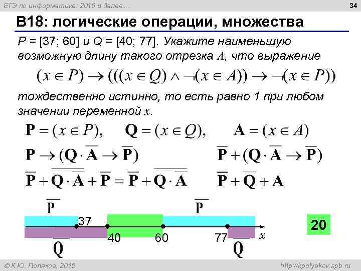 34 ЕГЭ по информатике: 2016 и далее… B 18: логические операции, множества P =