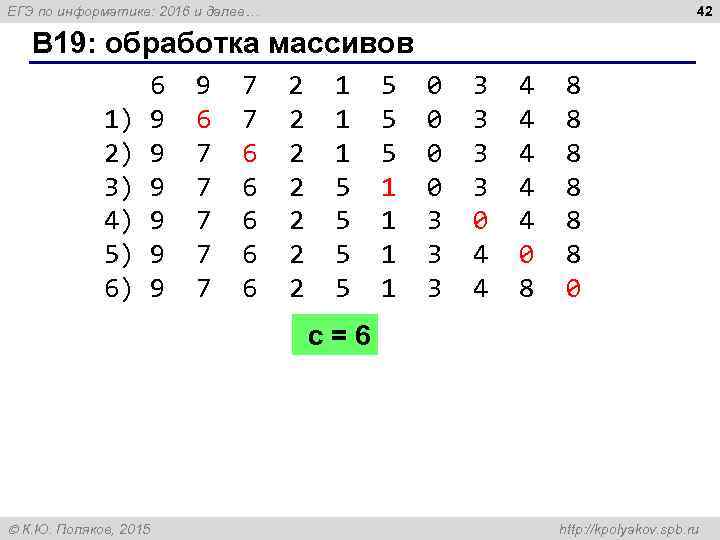 42 ЕГЭ по информатике: 2016 и далее… B 19: обработка массивов 1) 2) 3)