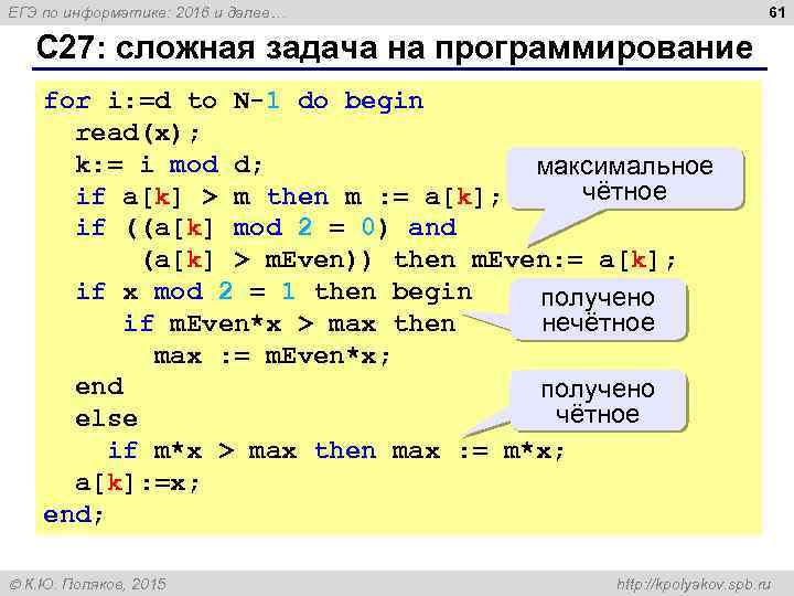 61 ЕГЭ по информатике: 2016 и далее… С 27: сложная задача на программирование for