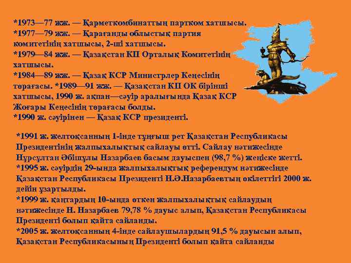 *1973— 77 жж. — Қарметкомбинаттың партком хатшысы. *1977— 79 жж. — Қарағанды облыстық партия