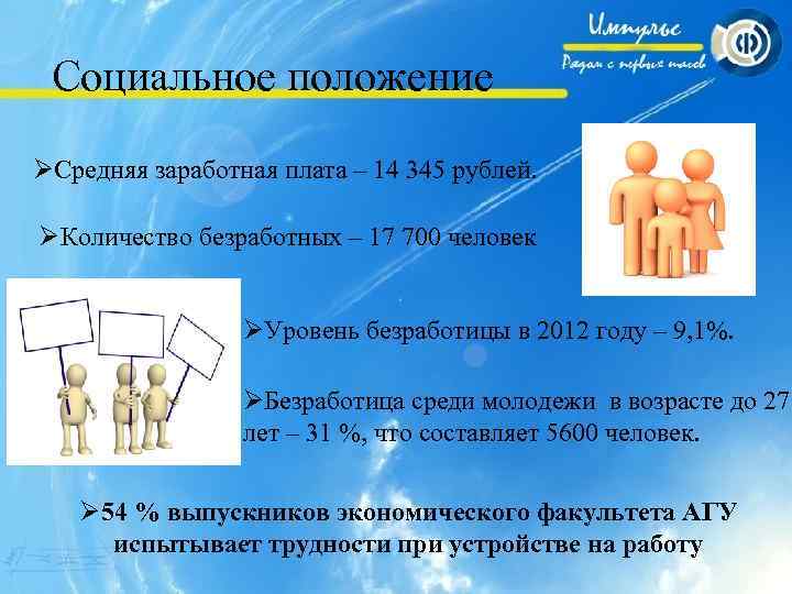 Социальное положение ØСредняя заработная плата – 14 345 рублей. ØКоличество безработных – 17 700