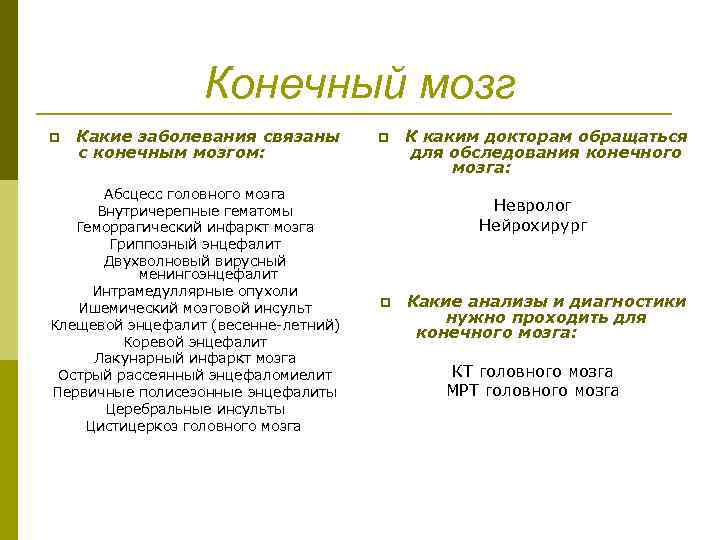 Конечный мозг p Какие заболевания связаны с конечным мозгом: Абсцесс головного мозга Внутричерепные гематомы