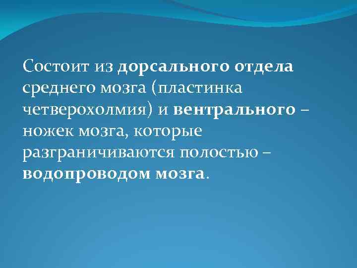 Состоит из дорсального отдела среднего мозга (пластинка четверохолмия) и вентрального – ножек мозга, которые