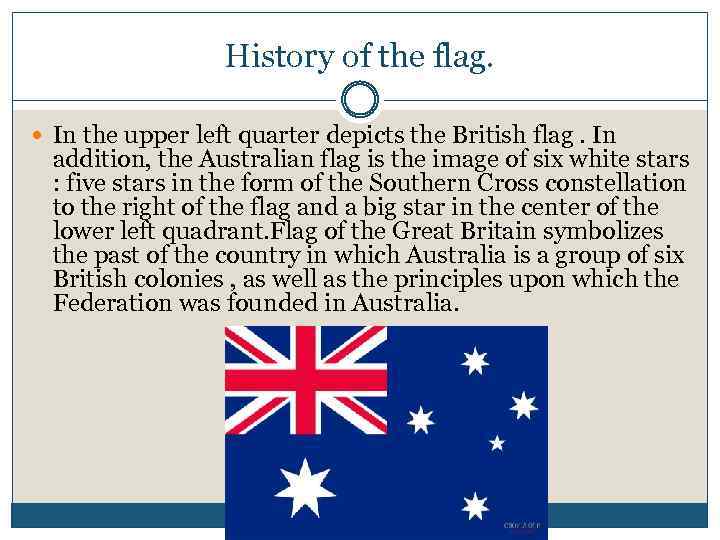 History of the flag. In the upper left quarter depicts the British flag. In