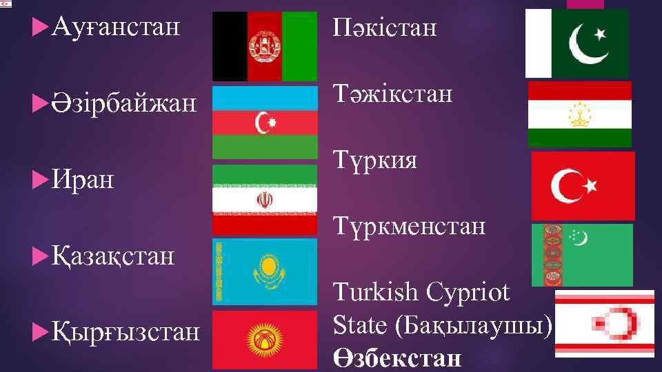  Ауғанстан Пәкістан Әзірбайжан Тәжікстан Иран Қазақстан Қырғызстан Түркия Түркменстан Turkish Cypriot State (Бақылаушы)