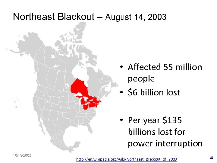 Northeast Blackout – August 14, 2003 • Affected 55 million people • $6 billion