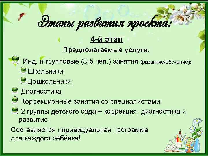 Этапы развития проекта: 4 -й этап Предполагаемые услуги: Инд. и групповые (3 -5 чел.