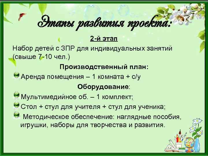 Этапы развития проекта: 2 -й этап Набор детей с ЗПР для индивидуальных занятий (свыше