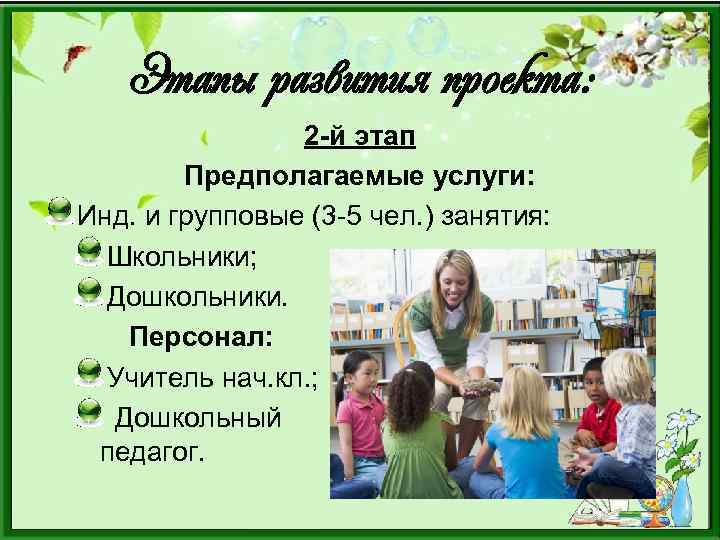 Этапы развития проекта: 2 -й этап Предполагаемые услуги: Инд. и групповые (3 -5 чел.