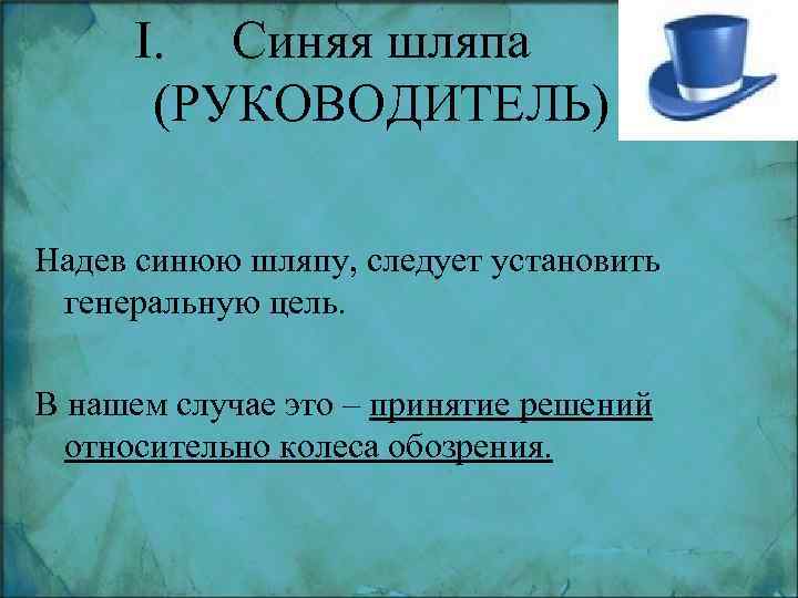 I. Синяя шляпа (РУКОВОДИТЕЛЬ) Надев синюю шляпу, следует установить генеральную цель. В нашем случае
