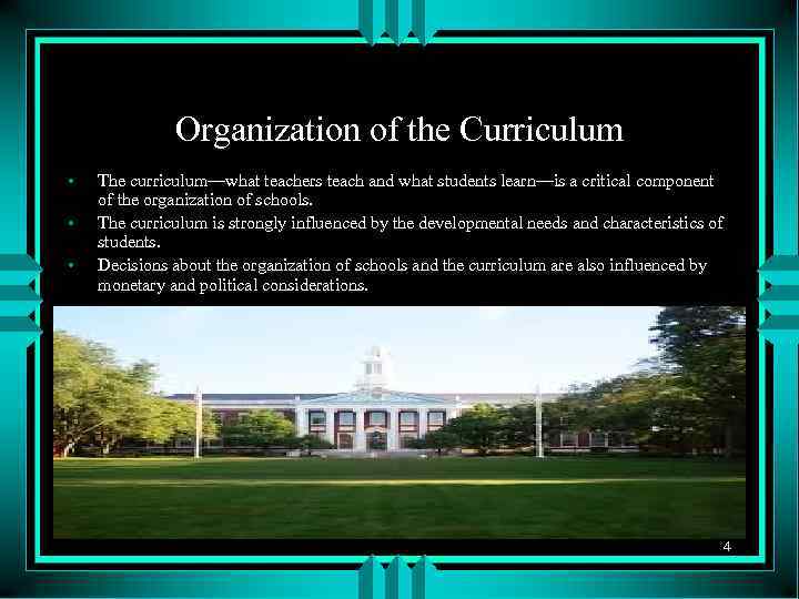 Organization of the Curriculum • • • The curriculum—what teachers teach and what students