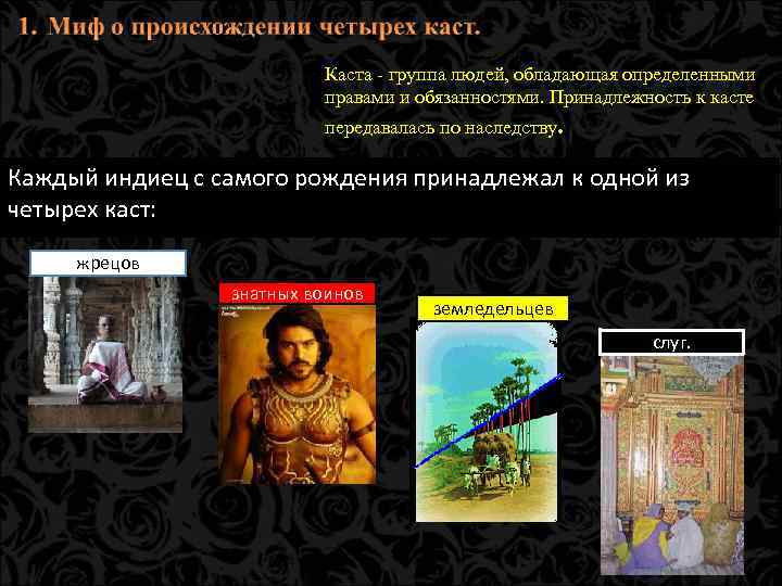 Каста - группа людей, обладающая определенными правами и обязанностями. Принадлежность к касте передавалась по