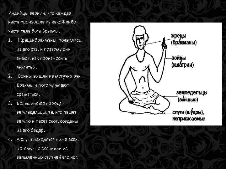 Индийцы верили, что каждая каста произошла из какой-либо части тела бога Брахмы. 1. Жрецы-брахманы