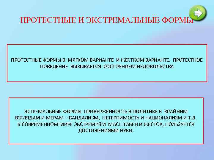 ПРОТЕСТНЫЕ И ЭКСТРЕМАЛЬНЫЕ ФОРМЫ ПРОТЕСТНЫЕ ФОРМЫ В МЯГКОМ ВАРИАНТЕ И ЖЕСТКОМ ВАРИАНТЕ. ПРОТЕСТНОЕ ПОВЕДЕНИЕ