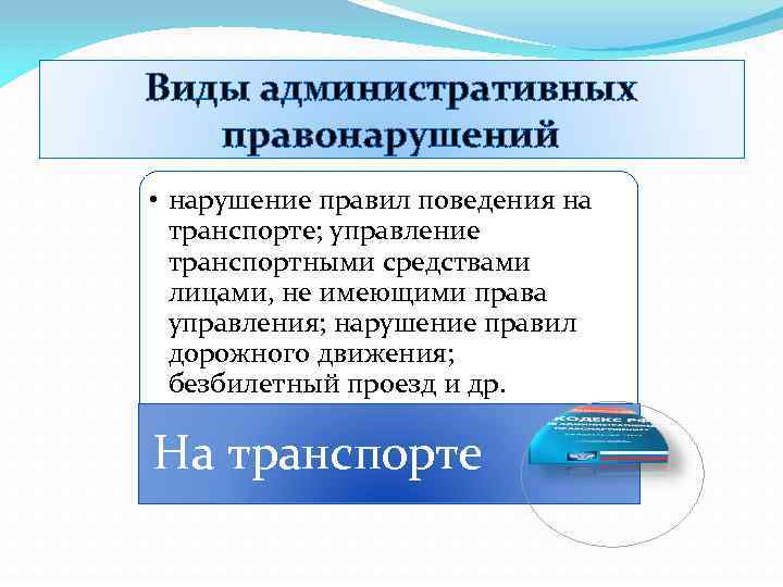 Виды административных правонарушений • нарушение правил поведения на транспорте; управление транспортными средствами лицами, не